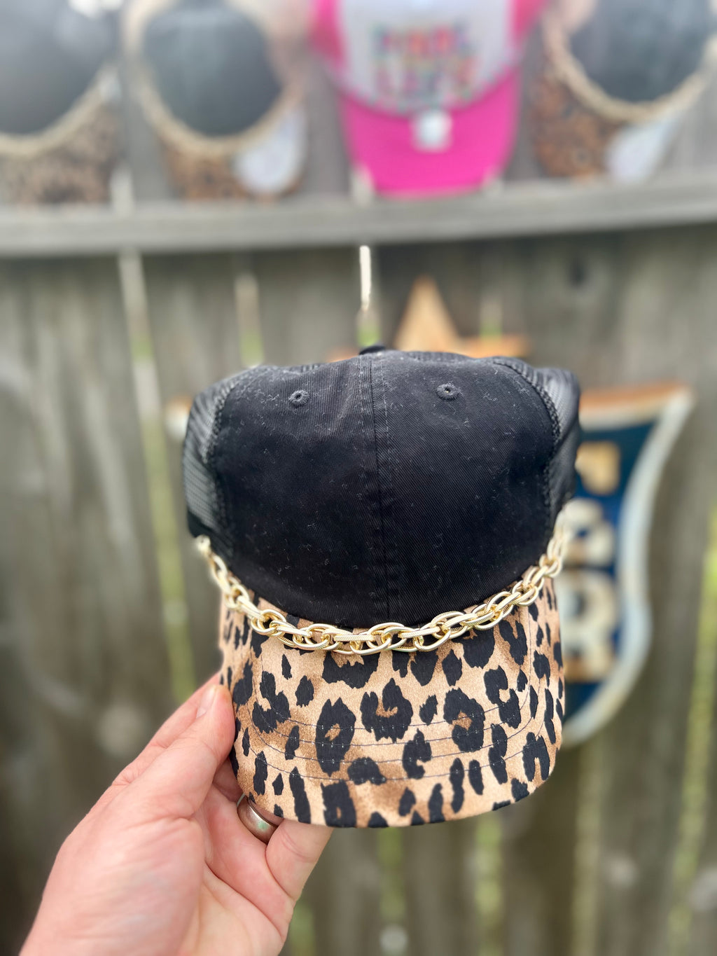 Black & Leopard Hat With Chain