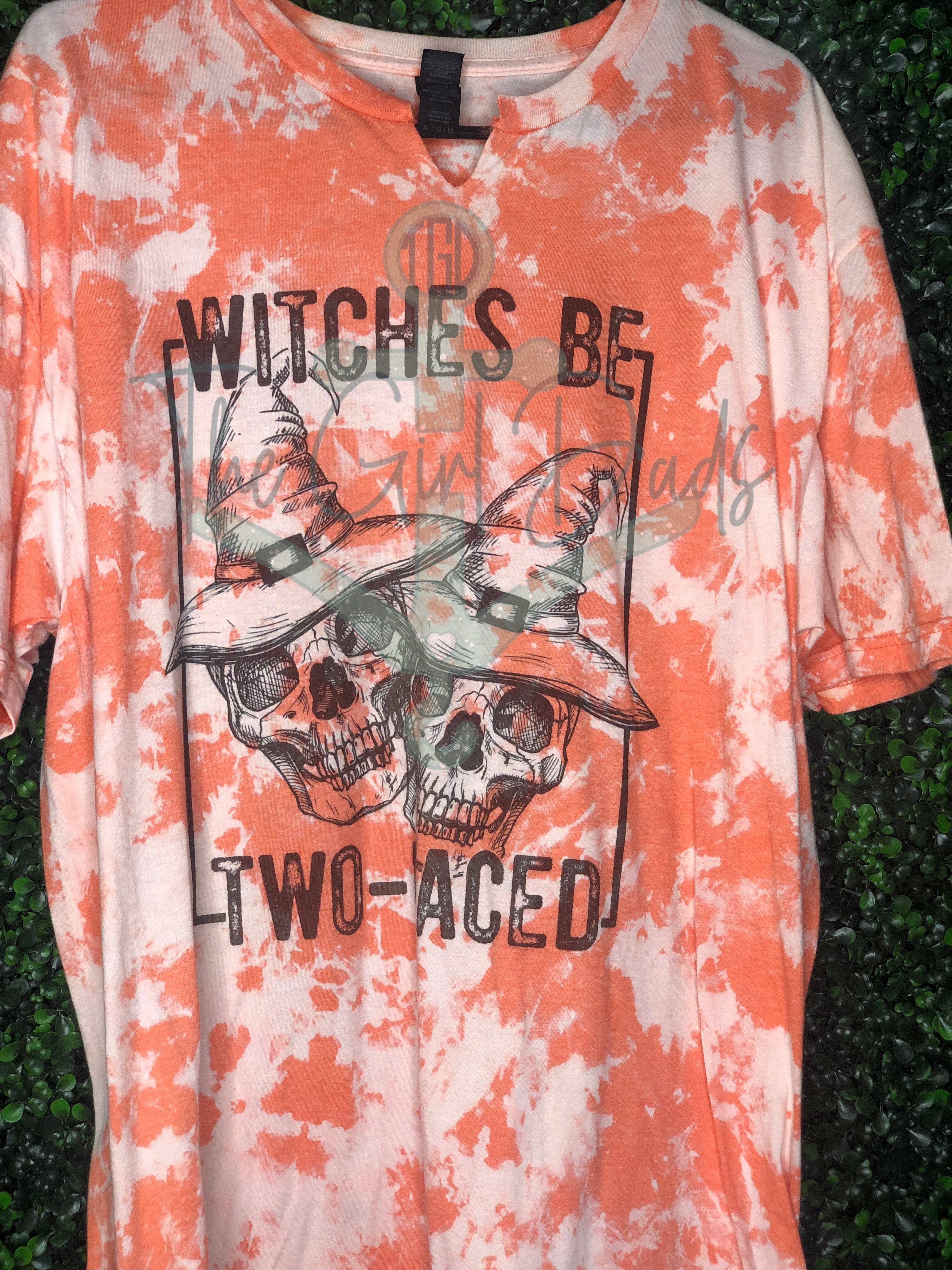 RTS Adult XL Marble Bleach Orange T-Shirt Witches Be Two Faced (CUT V-NECK)