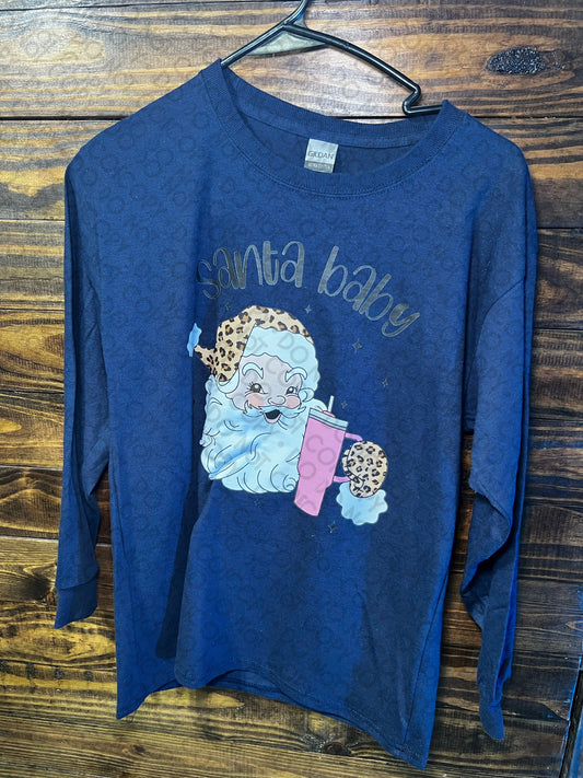 RTS - Youth L Navy Long Sleeve T-Shirt Santa Baby