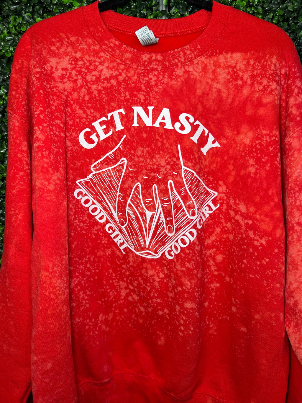 RTS Adult L Bleach Red Sweatshirt Get Nasty Screen Print