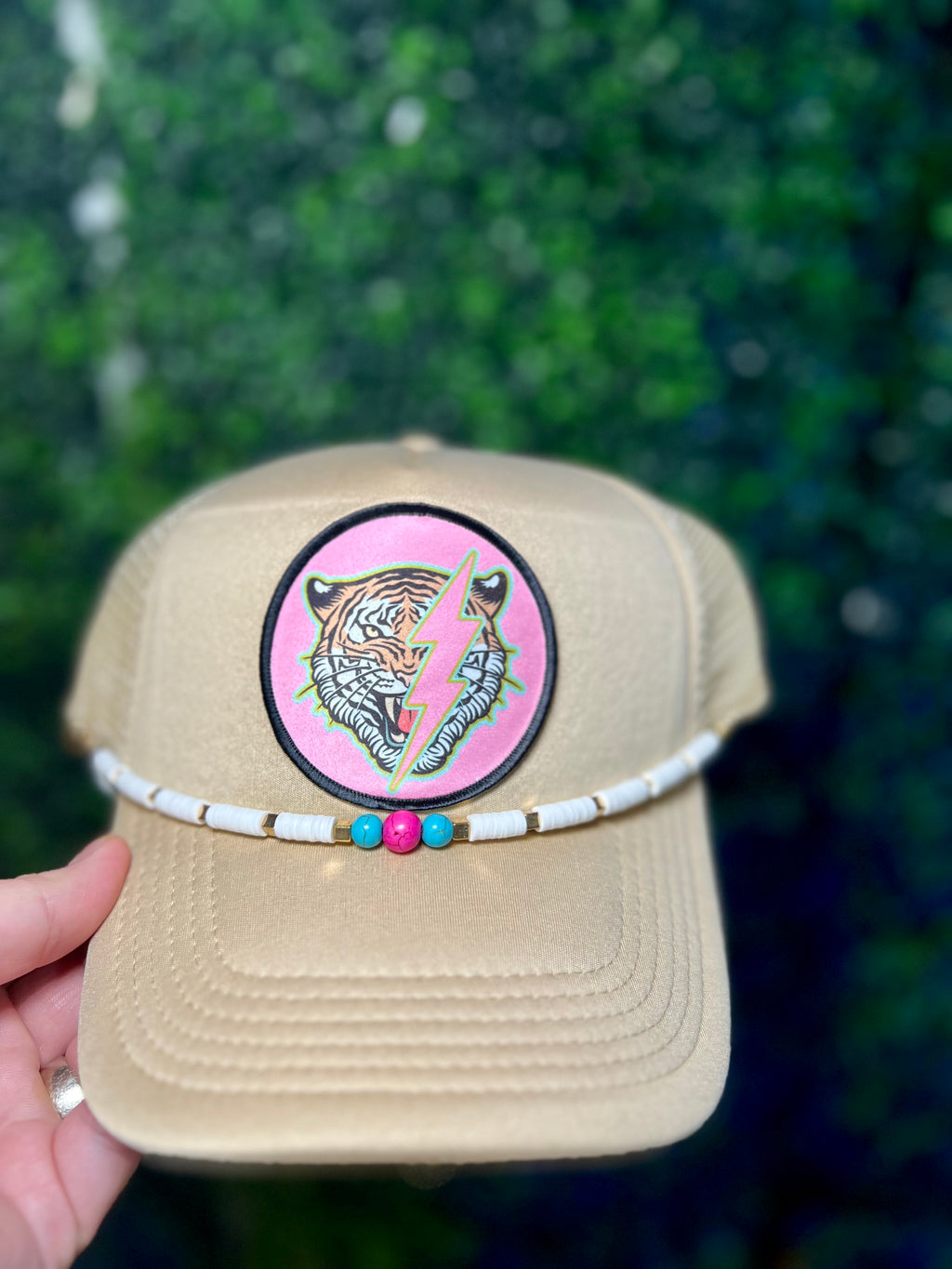 Tan Lion Trucker Hat With Bead Band