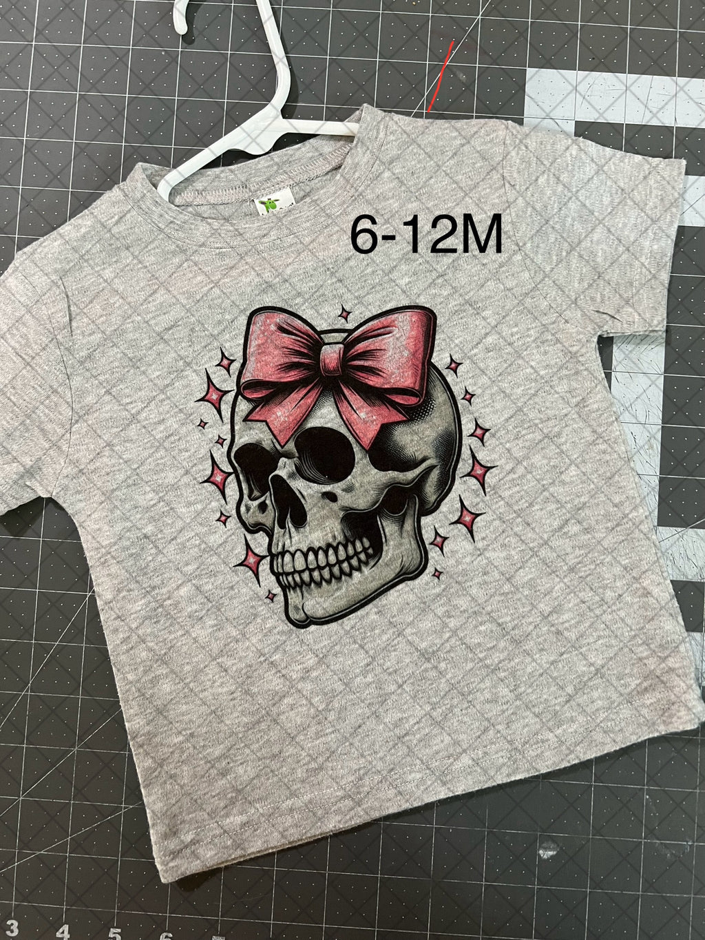 RTS 6-12 Month Gray T-Shirt Pink Bow Skull