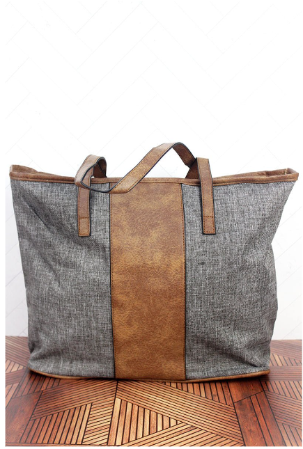 BROWN KHAKI CROSSHATCH AND BROWN CENTER STRIPE TOTE