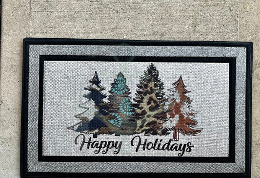 Happy Holidays Cow Print Christmas Trees Door Mat